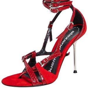 ALEXANDER WANG Red Strappy Snake Emboss Heels